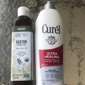 "Aura Cacia Castor Oil 16oz + Curel Ultra Healing Lotion 20oz Bundle for Dry Ski